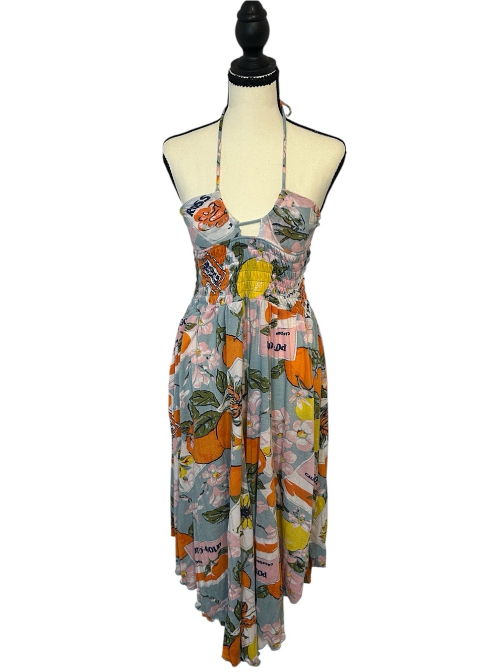 UO Out From Under Citrus Flower Print Smocked Halter Wide Leg Jumpsuit Orange S